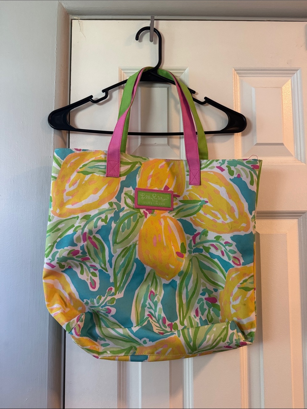 Lilly Pulitzer Lemon Canvas Tote with Pink & Green Handles